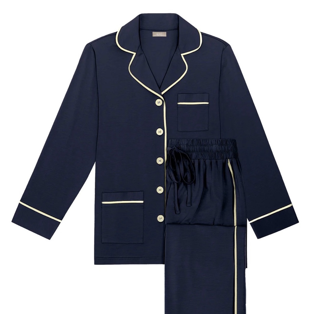 KIP Women's Luxe Stretch Cotton Pajama Set in Midnight Blue with Cream Trim